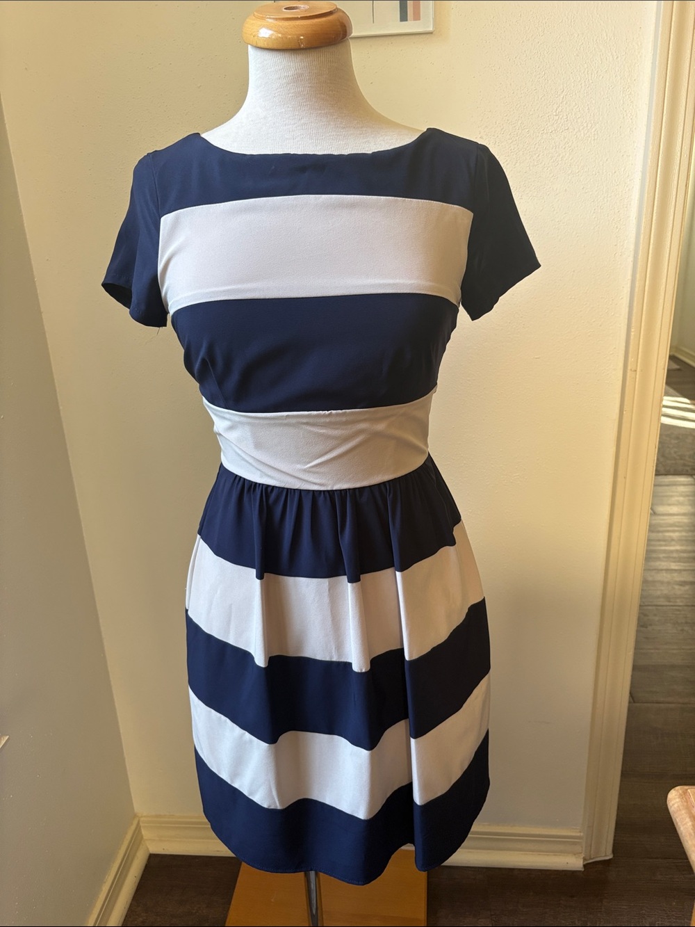 B Darlin Navy and White Striped Midi Fit-and-Flare Dress
